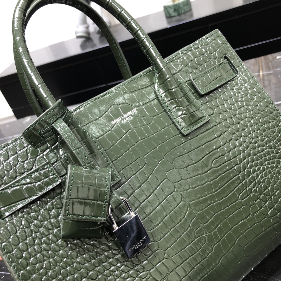 Saint Laurent Sac De Jour Baby Crocodile Embossed Calfskin Handbag Shoulder Bag Army Green 421863 Silver